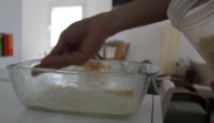 מצפים את התבנית המשומנת בפירורי לחם, מה שיעזור לקראנצ'יות של המנה